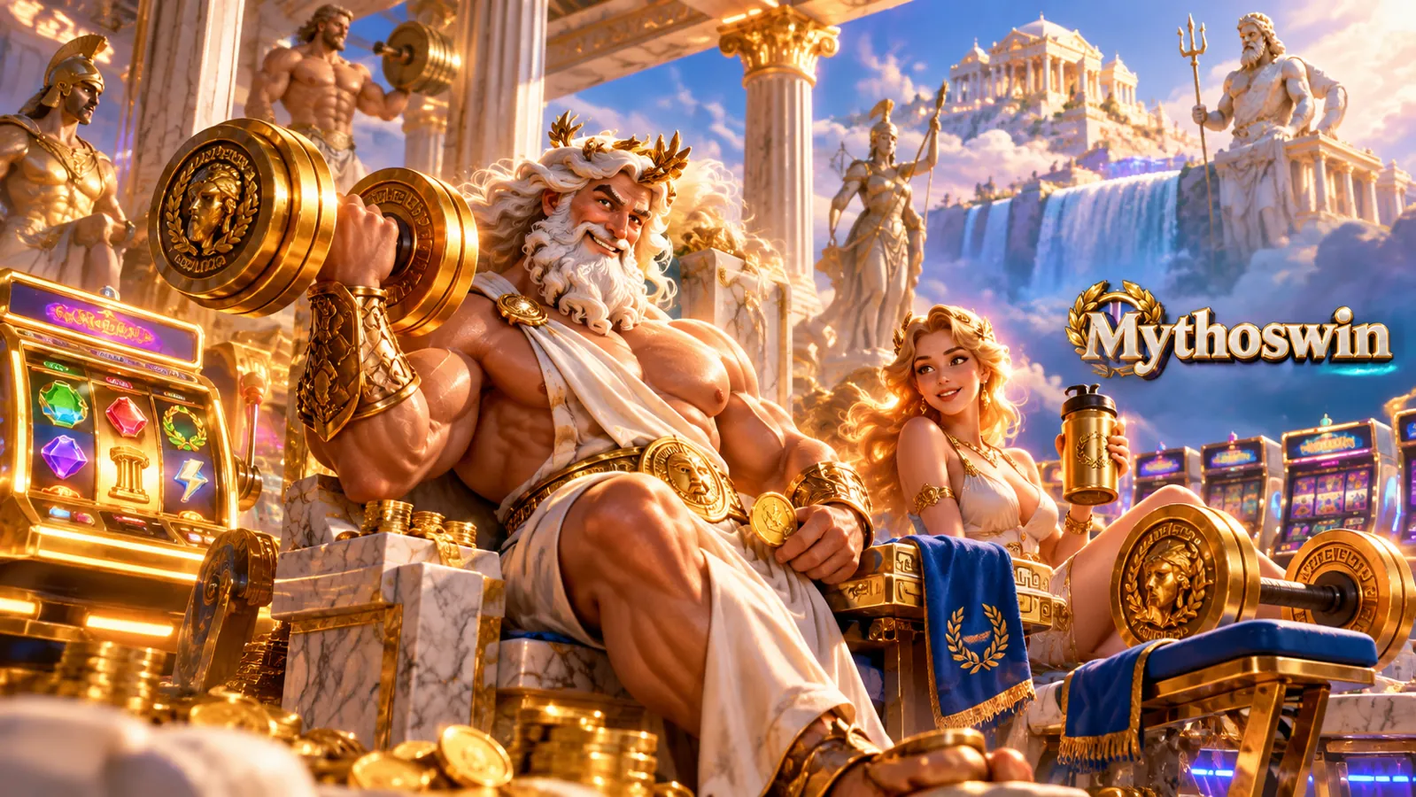 Zeus training with golden weights next to Mythoswin slot machines