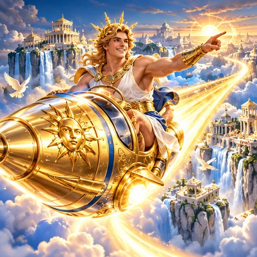 Apollo riding a golden rocket over Olympus — fast Mythoswin login